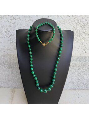 Vtg Handmade Graduated Malachite Bead 23" Necklace & Bracelet Set 84.1g
